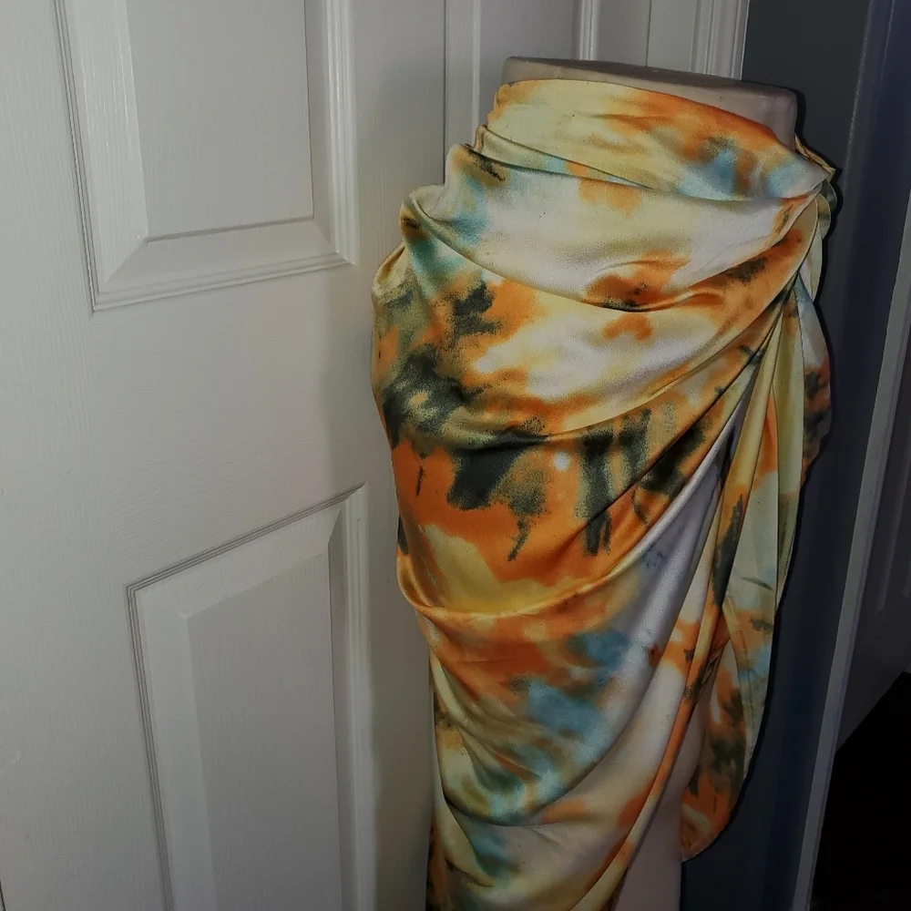 Orange Tie Dye Ruched Side Midi Skirt Open Side Beachy Sexy Sophisticated 6
